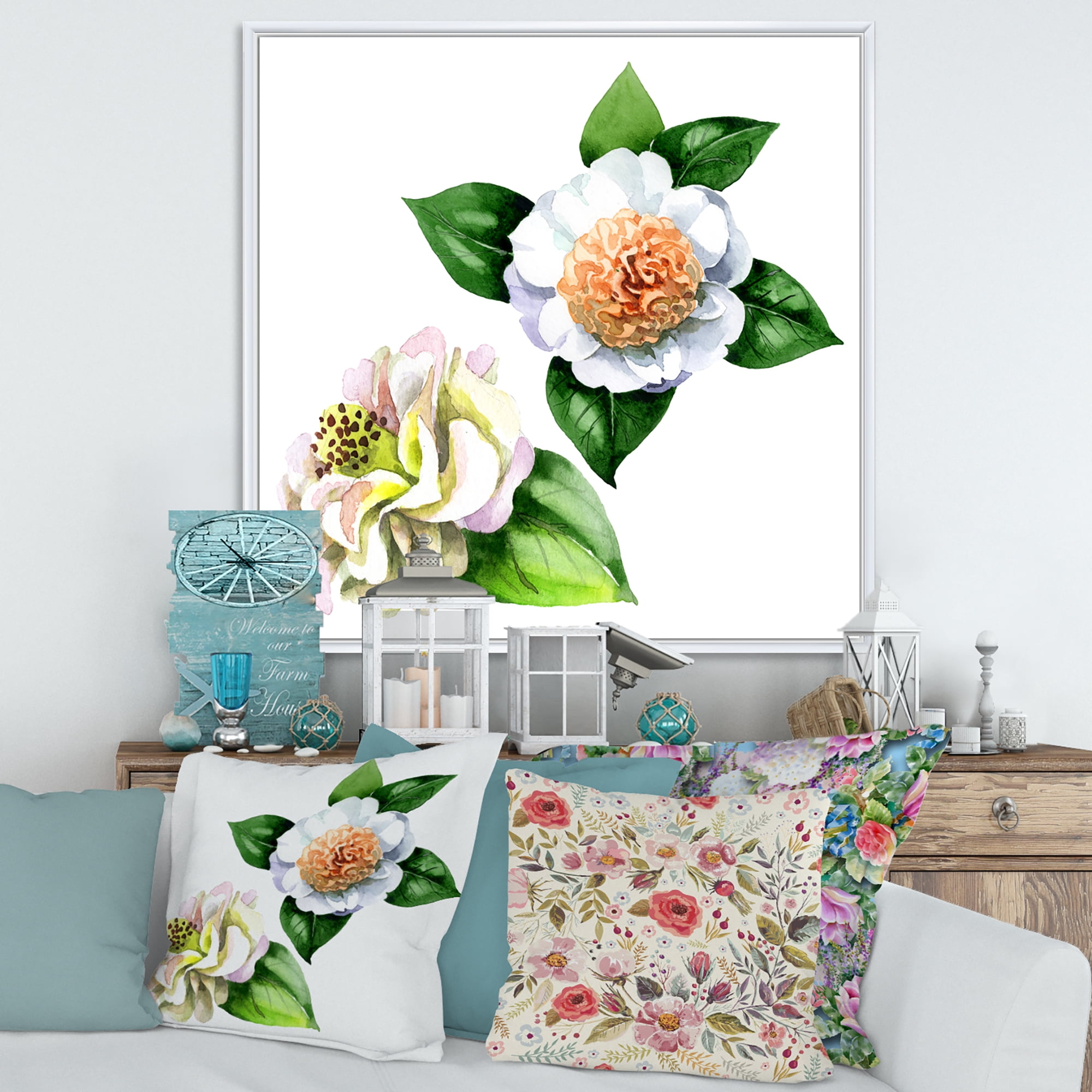 Designart 'Ancient White Camellia Flowers With Green Leaves' Traditional Framed Canvas Wall Art Print