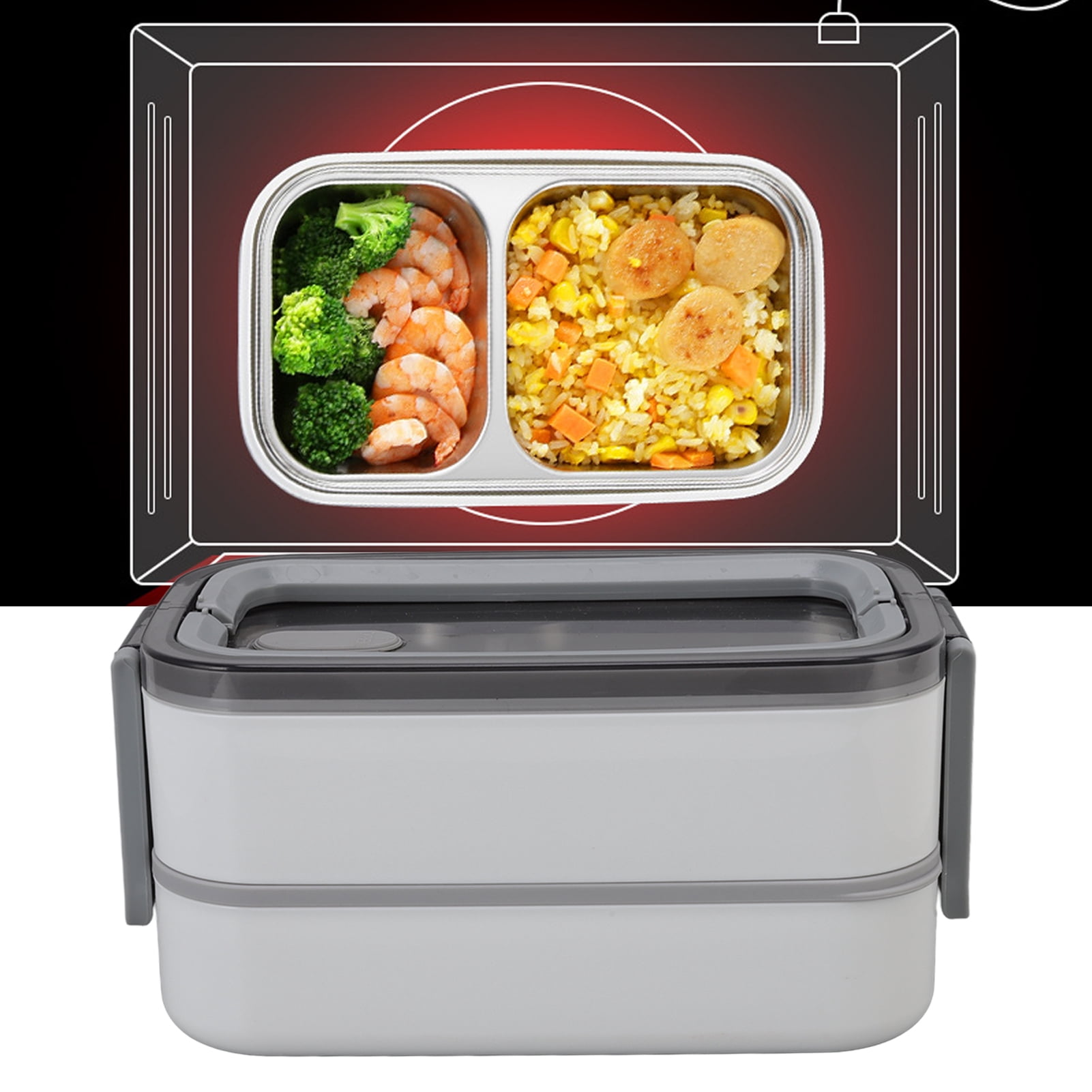 YAHHU 304 Stainless Steel Bento Box Double Layer Lunch Container, Microwaveable 3 Compartments Meal Prep Box with Chopsticks Spoon and Waterproof Tray, Leakproof Design (8.66 in / 22 cm)