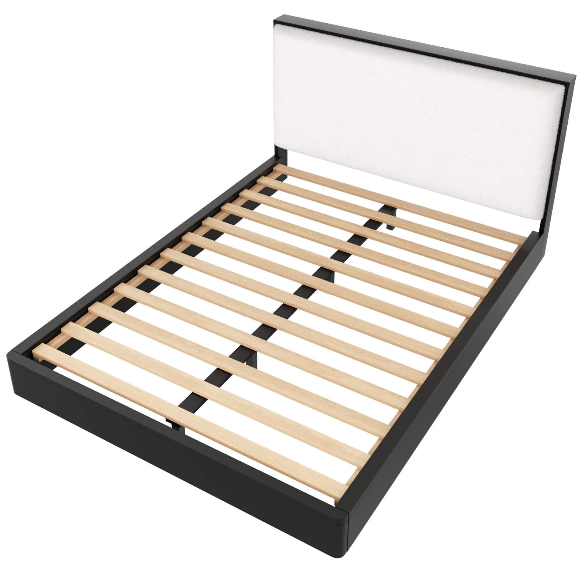 Euroco Wood Queen Size Platform Bed with Bouclé Upholstered Headboard, No Box Spring Needed, Black