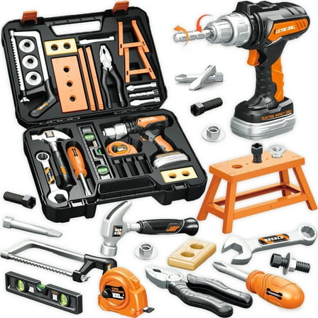 LINXUXIE Kids Tool Set with Electronic Toy Drill, Realistic Toy Tools with Tool Box for Toddler, Kids Construction Toy, Birthday Gifts for Kids 1-3 3-5 5-8 Year Old