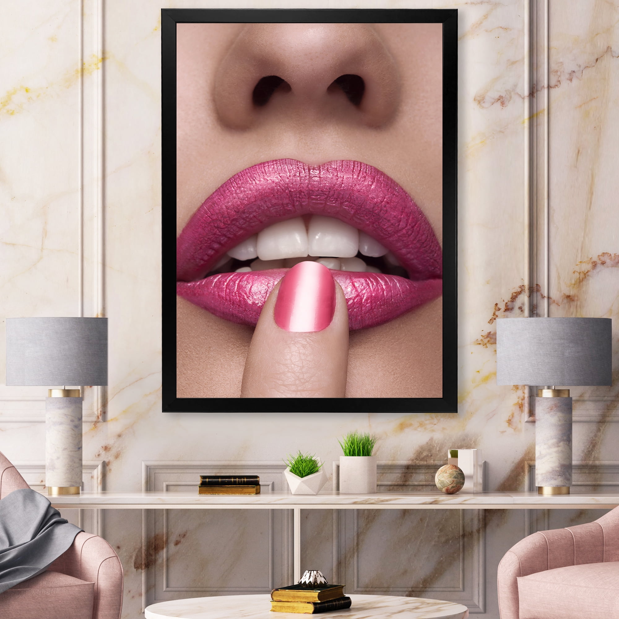 Designart 'Pink Female Lips With Finger On Mouth' Modern Framed Art Print