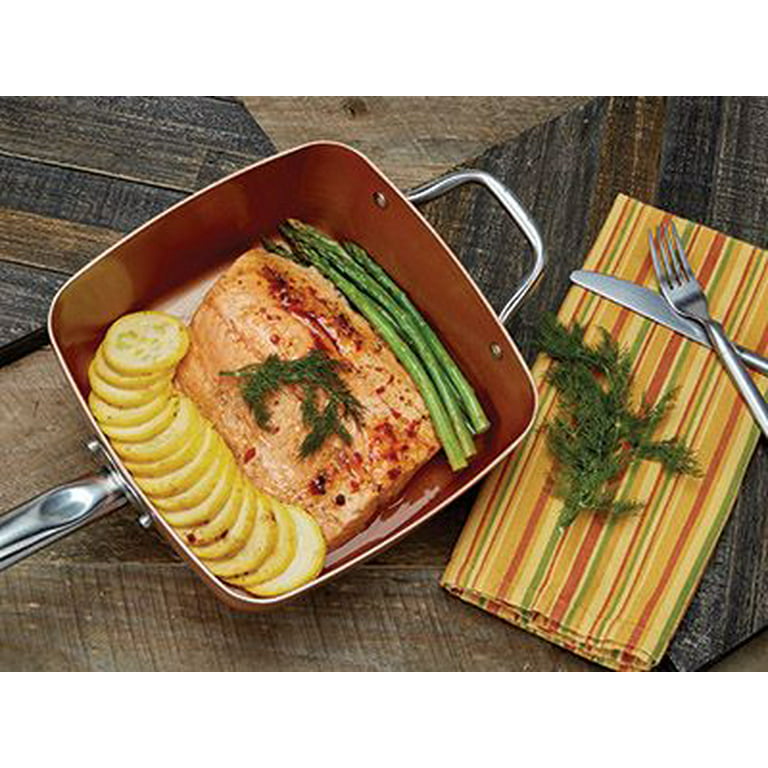 Red Copper 5 Piece Pan Set, Deep Square 10 in. Pan with Lid and Fry Basket,  As Seen on TV 