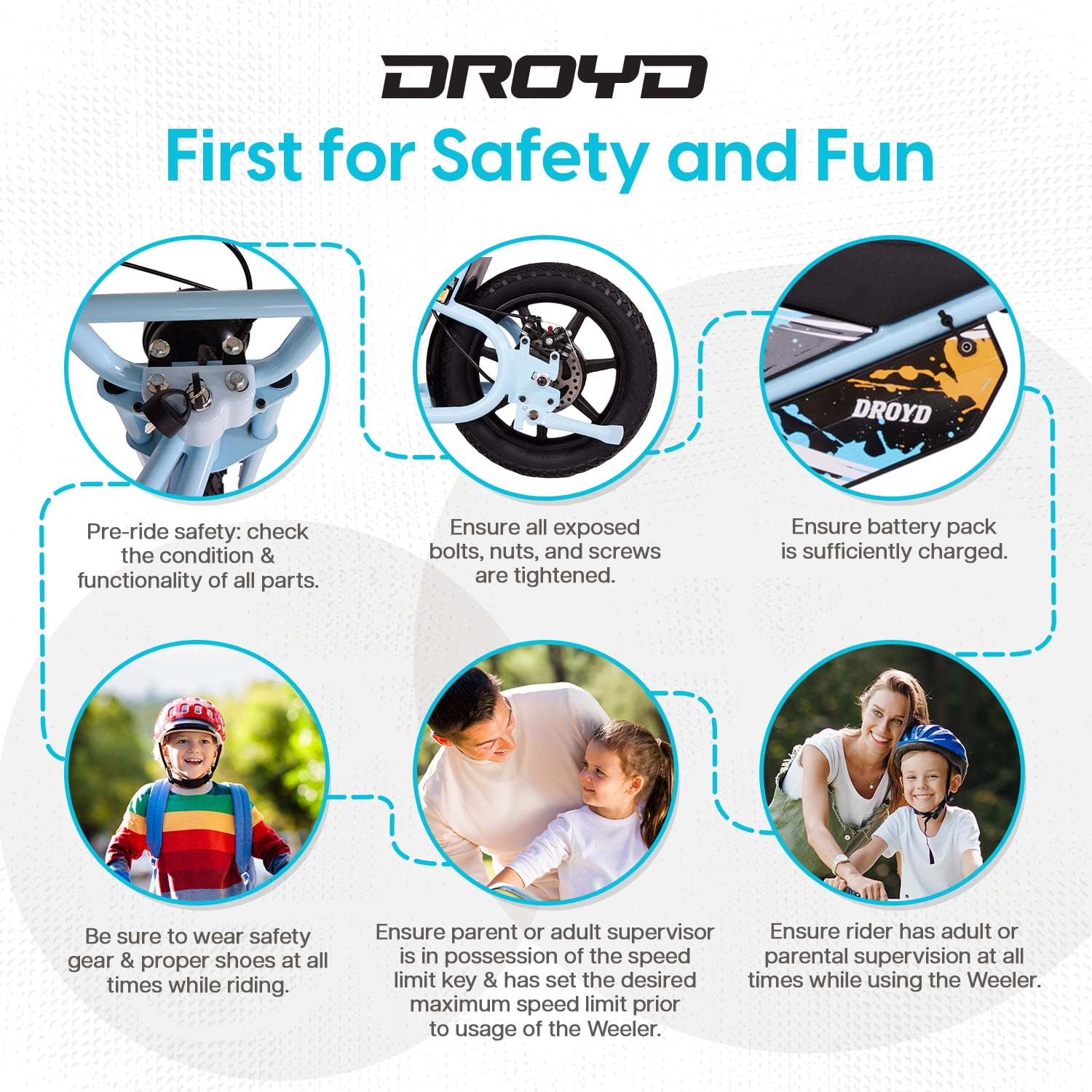 Droyd Weeler Electric Mini Bike - 24V 8Ah Battery, 6-10 MPH, Up to 8 Miles, LED Lights, Kids Ages 6+ - Blue