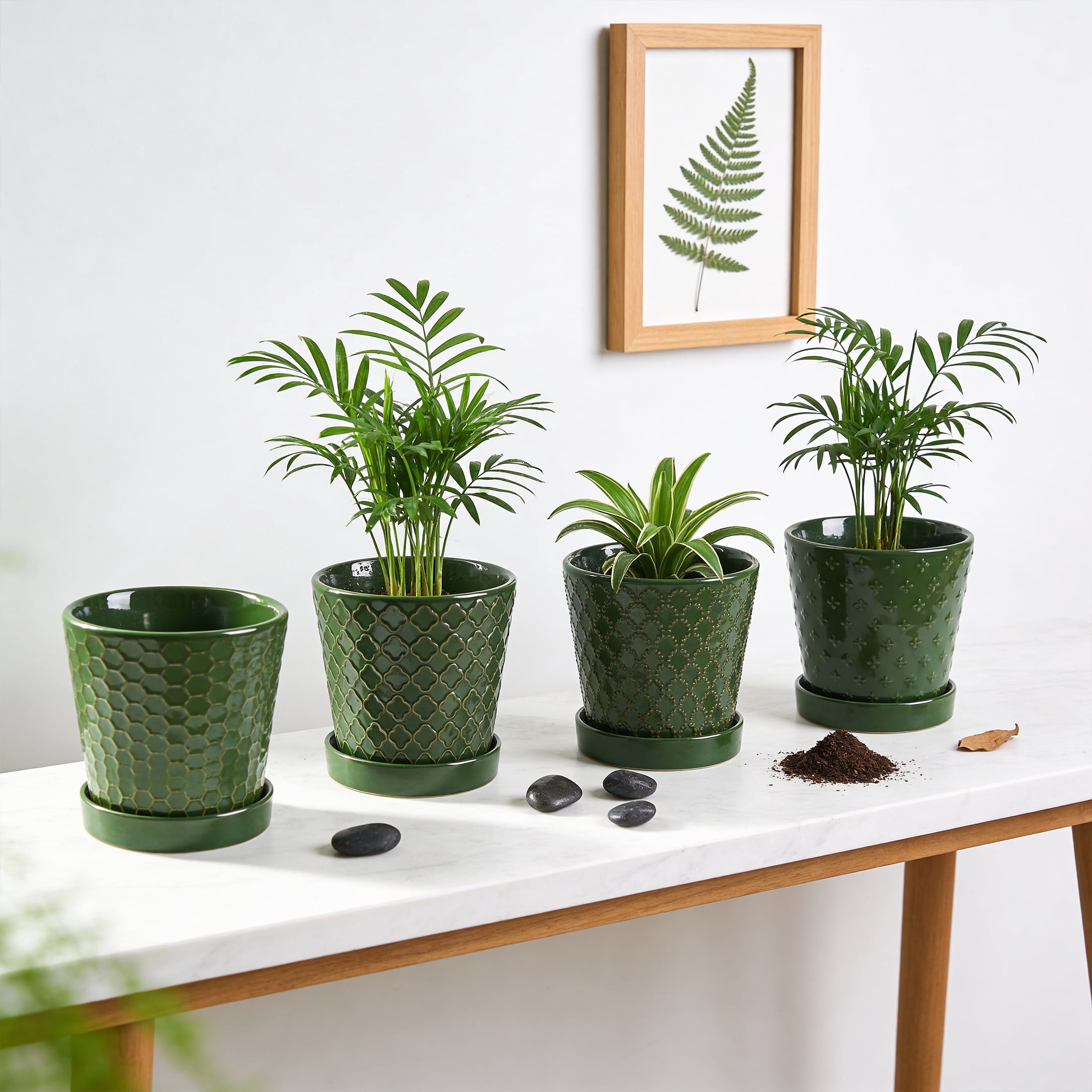 EFISPSS 5 inch Blackish Green Ceramic Plant Pots with Drainage Holes and Tray, 4-Pack Indoor Flower Pots for Herbs, Cactus, Home & Office Decor
