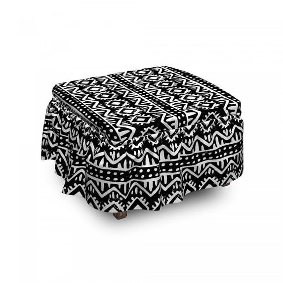 Abstract Ottoman Cover, Motif in Grunge Art, 2 Piece Slipcover Set with Ruffle Skirt for Square Round Cube Footstool Decorative Home Accent, Standard Size, Charcoal Grey and White, by Ambesonne