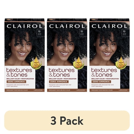 (3 pack) Clairol Textures & Tones Hair Dye Ammonia-Free Permanent Hair Color Creme 1B Silken Black 1 Application
