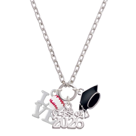Delight Jewelry Love with Baseball - Silvertone Class of 2026 Graduation Zoey Charm Necklace, 28"
