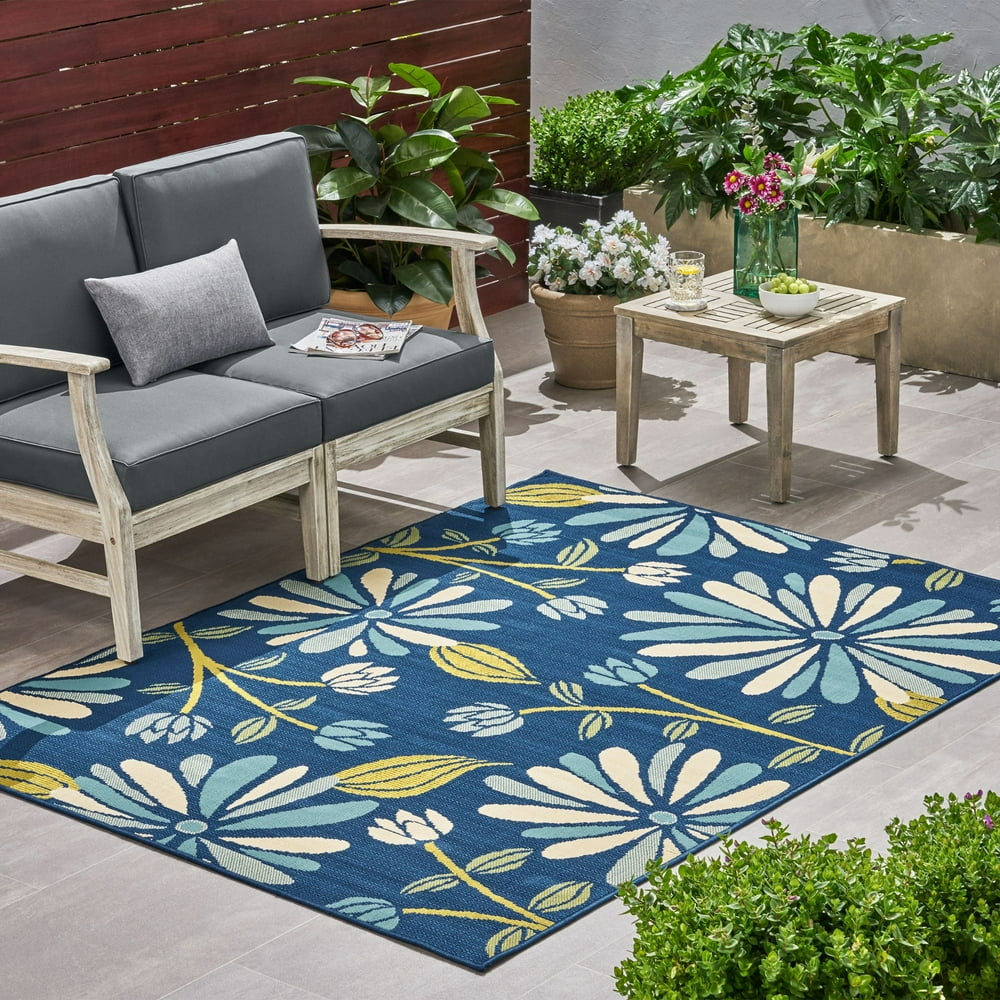 7' x 5.25' Blue and Ivory Floral Rectangular Outdoor Area Rug Walmart