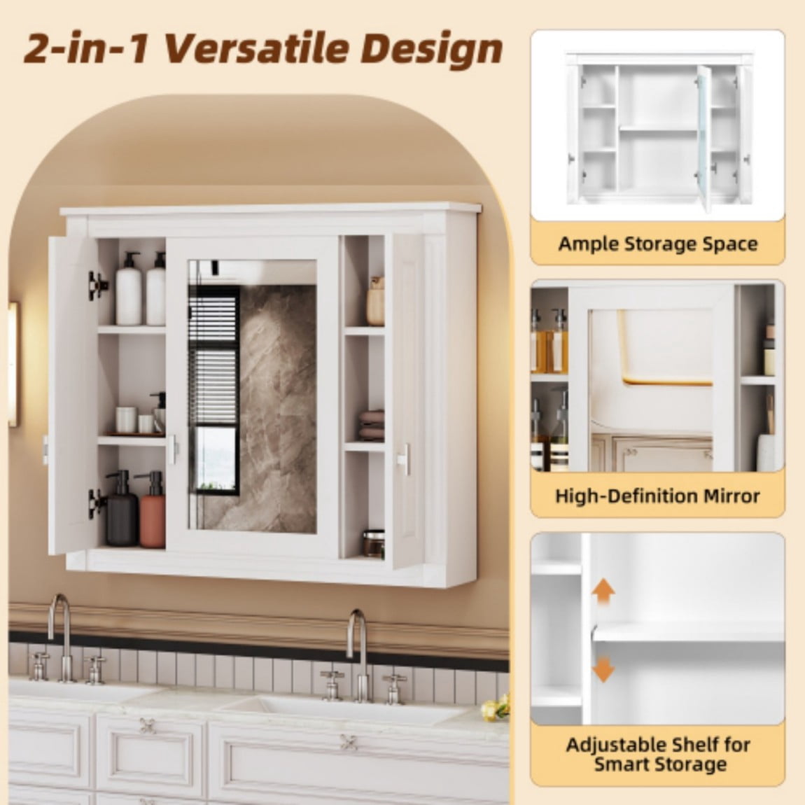 Bathroom Wall Cabinet with Mirror, Wall Mounted Medicine Cabinet with 5 Shelves, Over Toilet Storage Cabinet with Adjustable Shelves, Mirrored Door Bathroom Cabinet, White