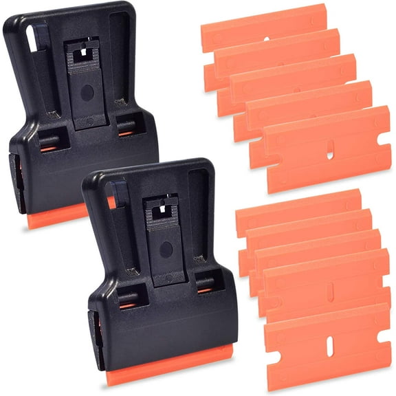 1.5inch Mini Plastic Scraper with 10 Double Edged Razor Blades, Putty Knife Set Removing Glue, Stain, Vinyl, Labels, Stickers, Decals, Pack of 2