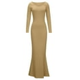 thumbnail image 4 of Ygbgbb Womens Fall Bodycon Dresses Long Sleeve Dresses Pleated Slim Waist Fishtail Maxi Dress Solid Color Round Neck Khaki L, 4 of 7