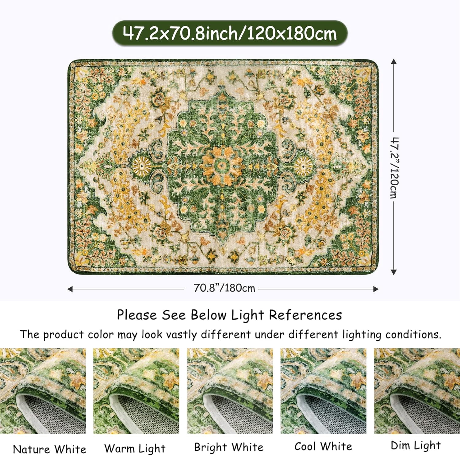 Wonnitar 4'x6' Bohemian Floral Medallion Area Rug,Oriental Distressed Bedroom Rug Country Vintage Faux Wool Indoor Throw Mat Non-Slip Washable Low-Pile Carpet for Bathroom Living Kitchen Laundry Room