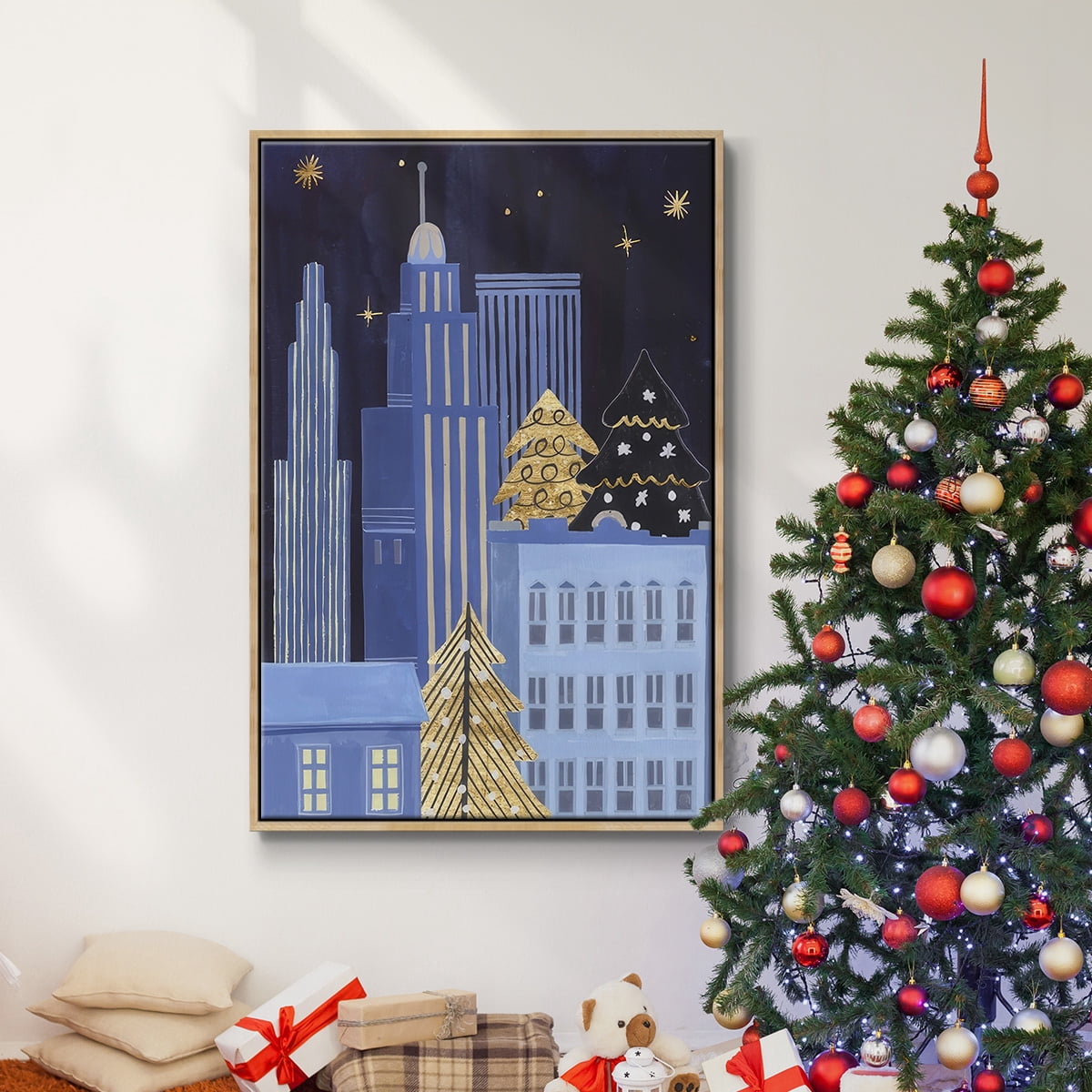 Holiday Night Collection B - Framed Gallery Wrapped Holiday Canvas - 17 x 25 - Natural Wood Frame
