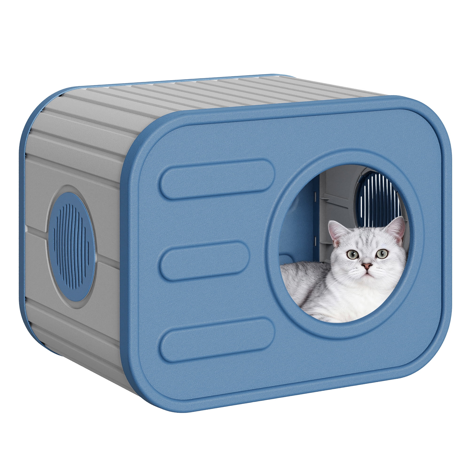 Nihsuao Weatherproof Resin Cat House, Camera-Shaped Design for Indoor & Outdoor Cats, Ventilated, Easy Assembly for Home Yard Garden, Blue