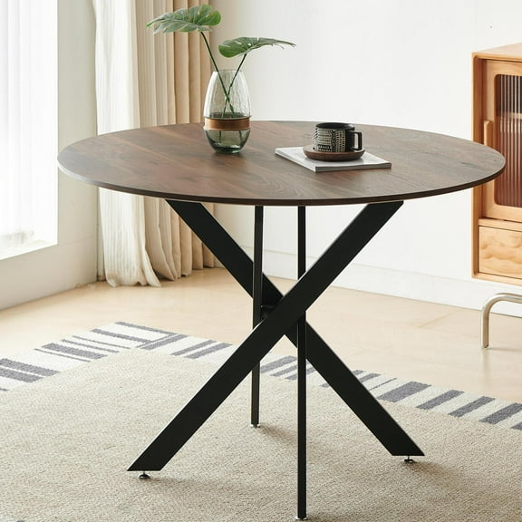 GZXS 42.1" Mid-Century Round Dining Table for 4-6 People, with Walnut Finish MDF Top and Metal Cross Legs, Modern Kitchen Table for Dining Room, Living Room