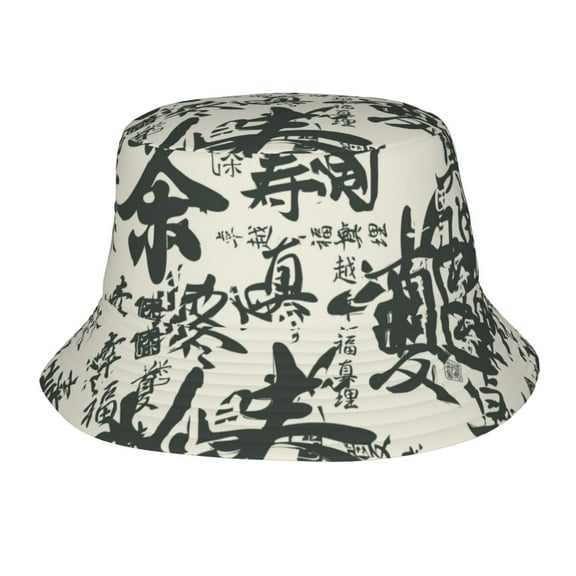 TEQUAN Foldable Polyester Adult Bucket Hat Graffiti Chinese Characters Ornament Prints Sun Beach Fishing Outdoor Cap Unisex