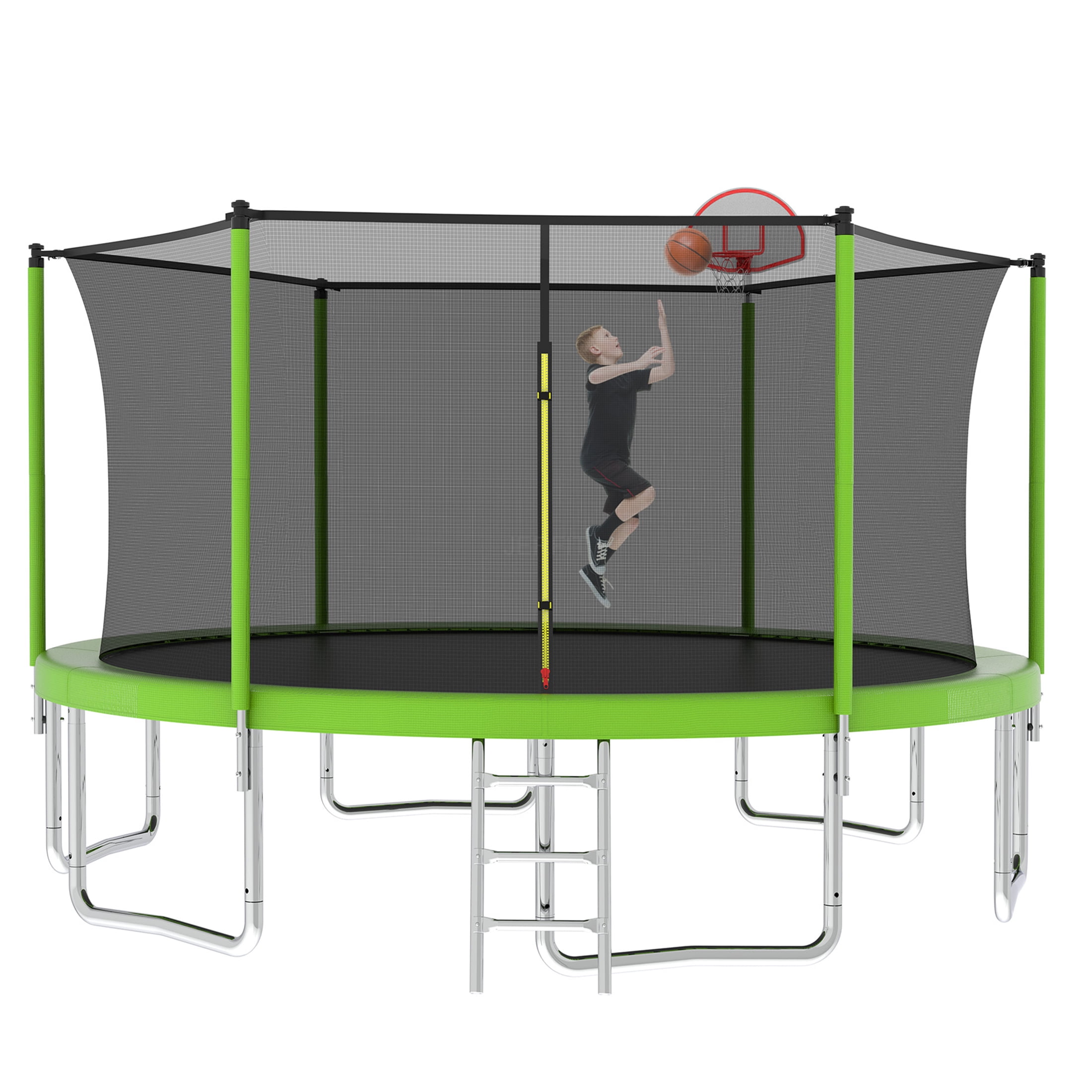 JERFIT 14FT Kids Trampoline with Safety Enclosure Net, Outdoor Large Jumping Mat for Backyard, Includes Basketball Hoop & Ladder, Green