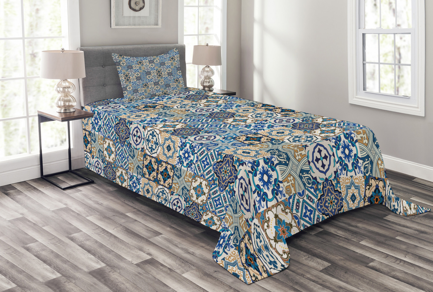 Moroccan Bedspread Set Twin Size, Tile Pattern with Portuguese