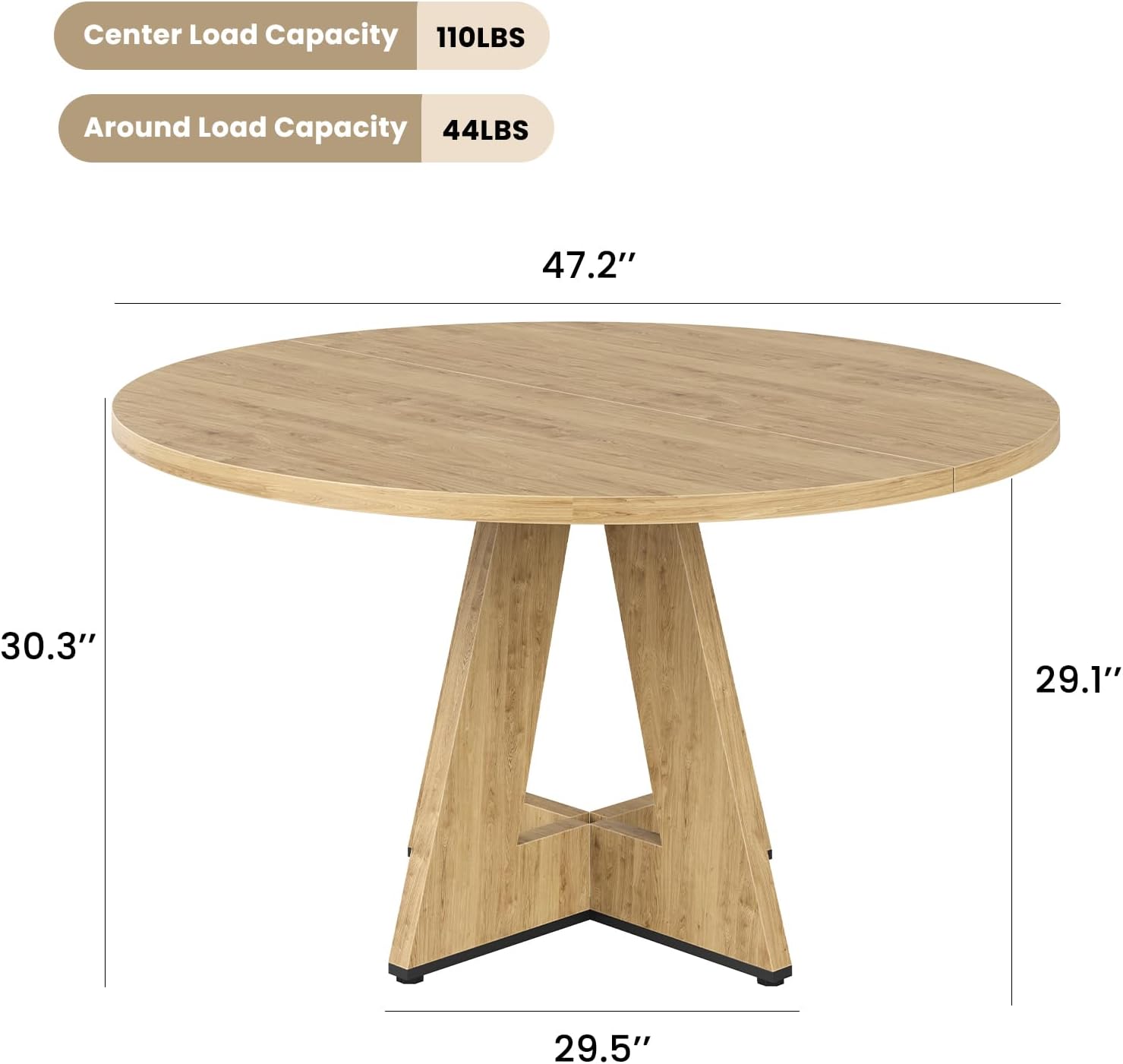 Farini 47" Round Dining Table,Wooden Kitchen Table with Metal Base, Seats 4–7, for Dining Room, Kitchen & Living Room, Natural