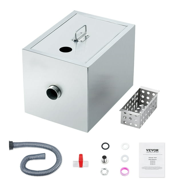 VEVOR Commercial Grease Trap, 8 LBS Grease Interceptor, Top Inlet Interceptor, Under Sink Stainless Steel Grease Trap, 2.8 GPM Waste Water Oil-water Separator