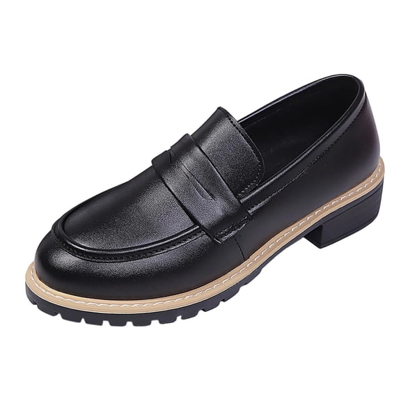 Wensltd Fashion Black Shoes for Women Trendy Versatile Solid Color Retro Comfortable Mid Heel Loafers for Outdoor Size 6-12
