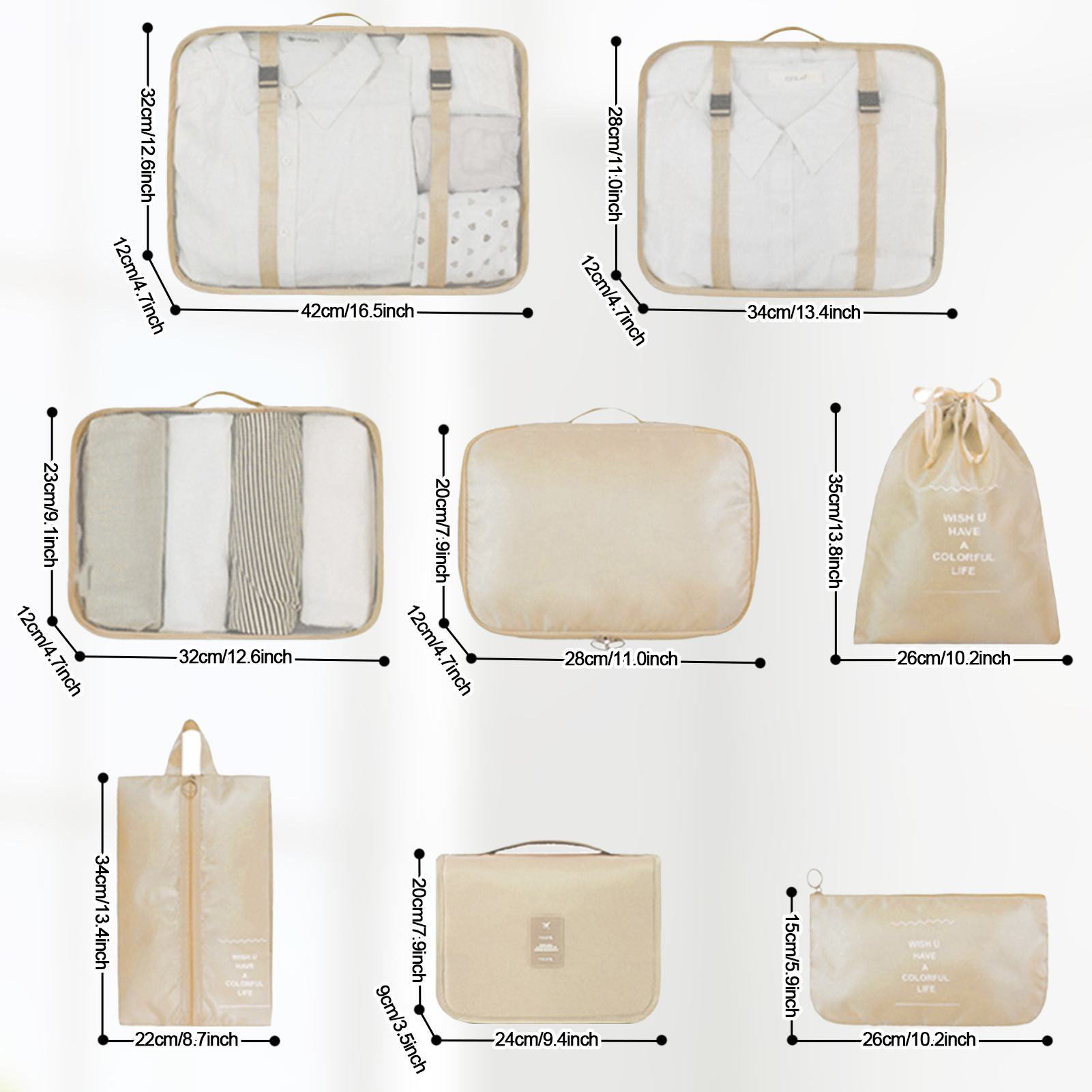HonorHut 8 Set Packing Cubes Lightweight Organizer Bags Mesh Luggage Packing Bags Durable Storage Totes Travel Essentials Accessories Beige