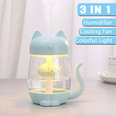 350ML Portable Cat 3 in1 Home Car Office Mini LED Cool Mist Air Purifier Ultrasonic Humidifier Aromatherapy Essential Oil Diffuser Night Light USB Fan Light Mute USB