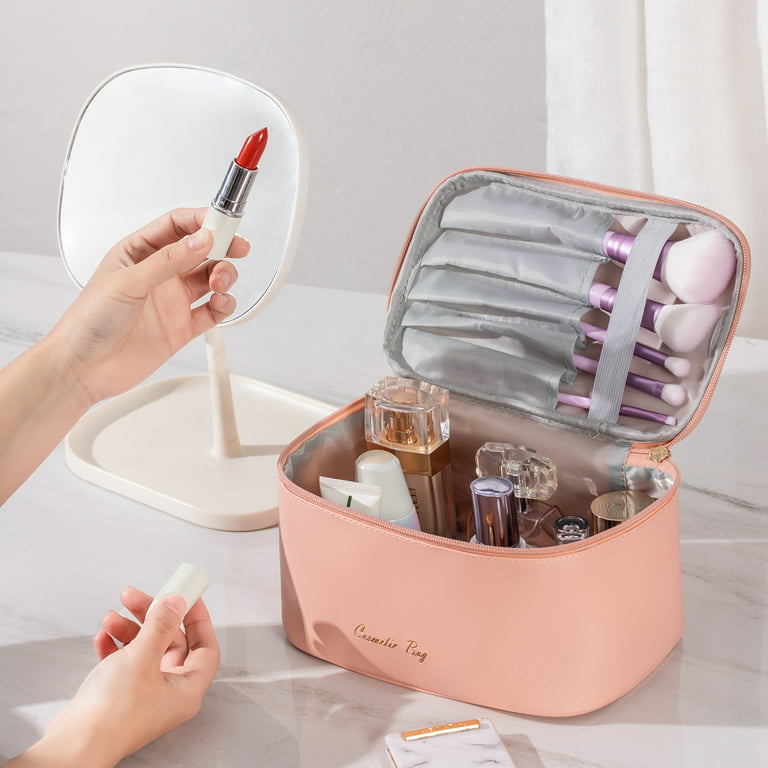 Preppy Makeup Bag Travel Cosmetic Bags Small for Women Girls Zipper Pouch Case  Organizer Waterproof Cute (Beige) 