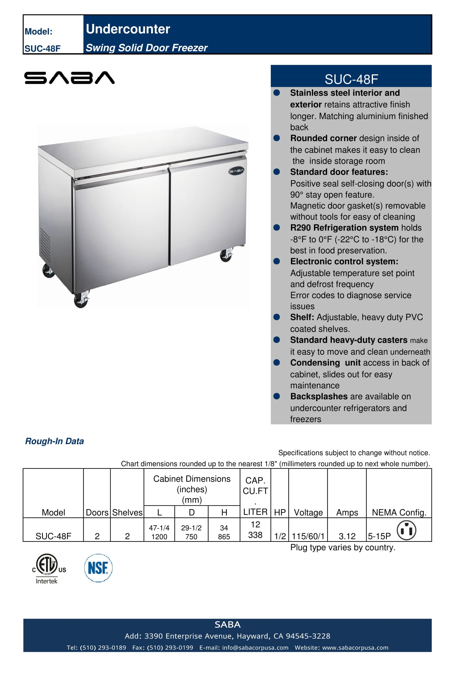 Heavy Duty Commercial 48" Two Door Undercounter Freezer