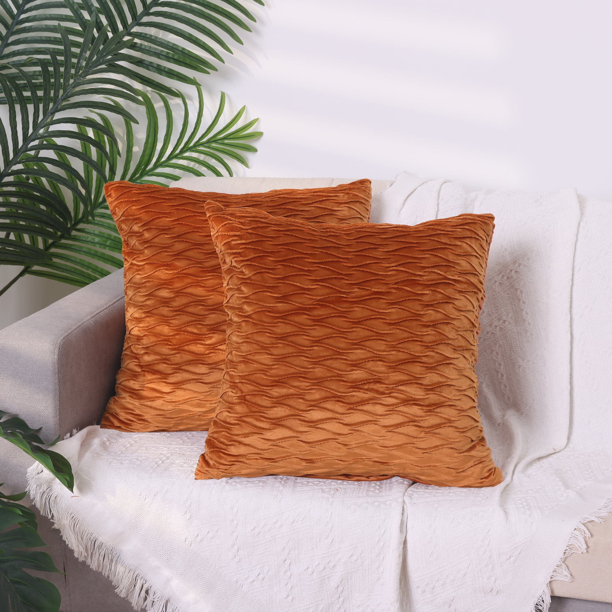 Unique Bargains 4 Solid Striped Square Decorative Throw Pillow Covers Textured Pillowcases Orange 18" x 18"