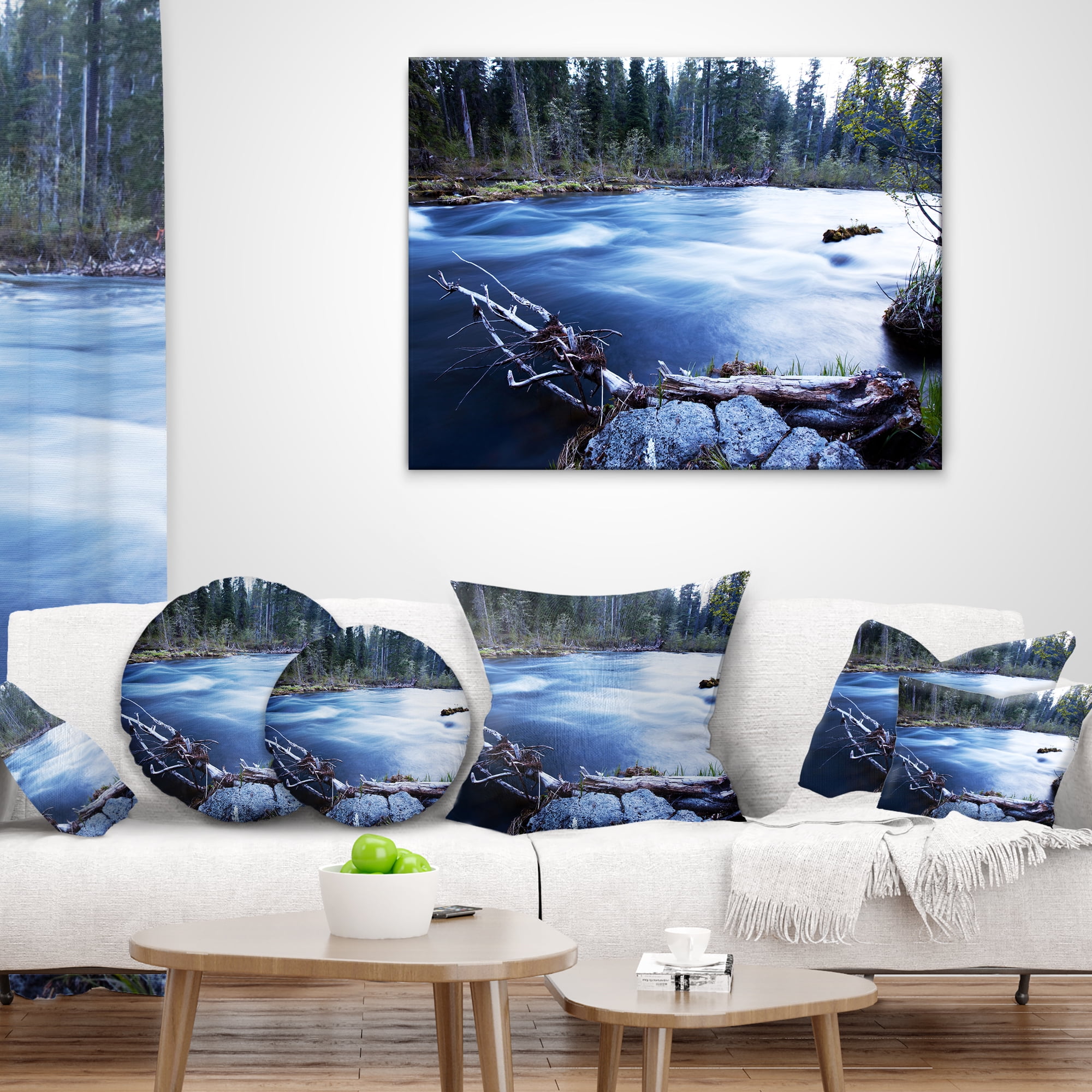 Designart Blue River in Forest At Evening - Landscape Printed Throw Pillow - 12x20