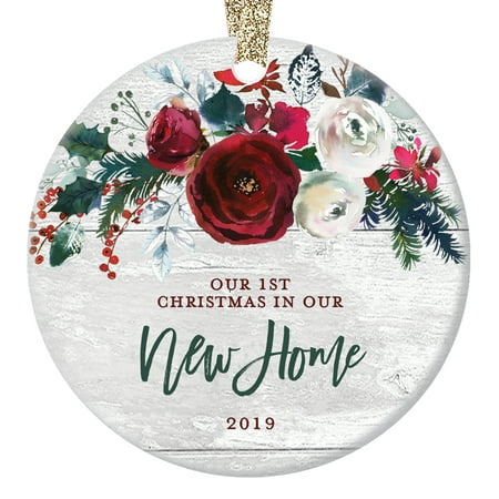 New Home Christmas Ornament 2019, Modern Farmhouse, First Christmas in Our New House Gift for Homeowner 1st Present Floral Ceramic 3