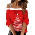 thumbnail image 2 of Puntoco Camiseta con estampado navideño de hombros descubiertos y estilo casual para mujer, 2 of 5