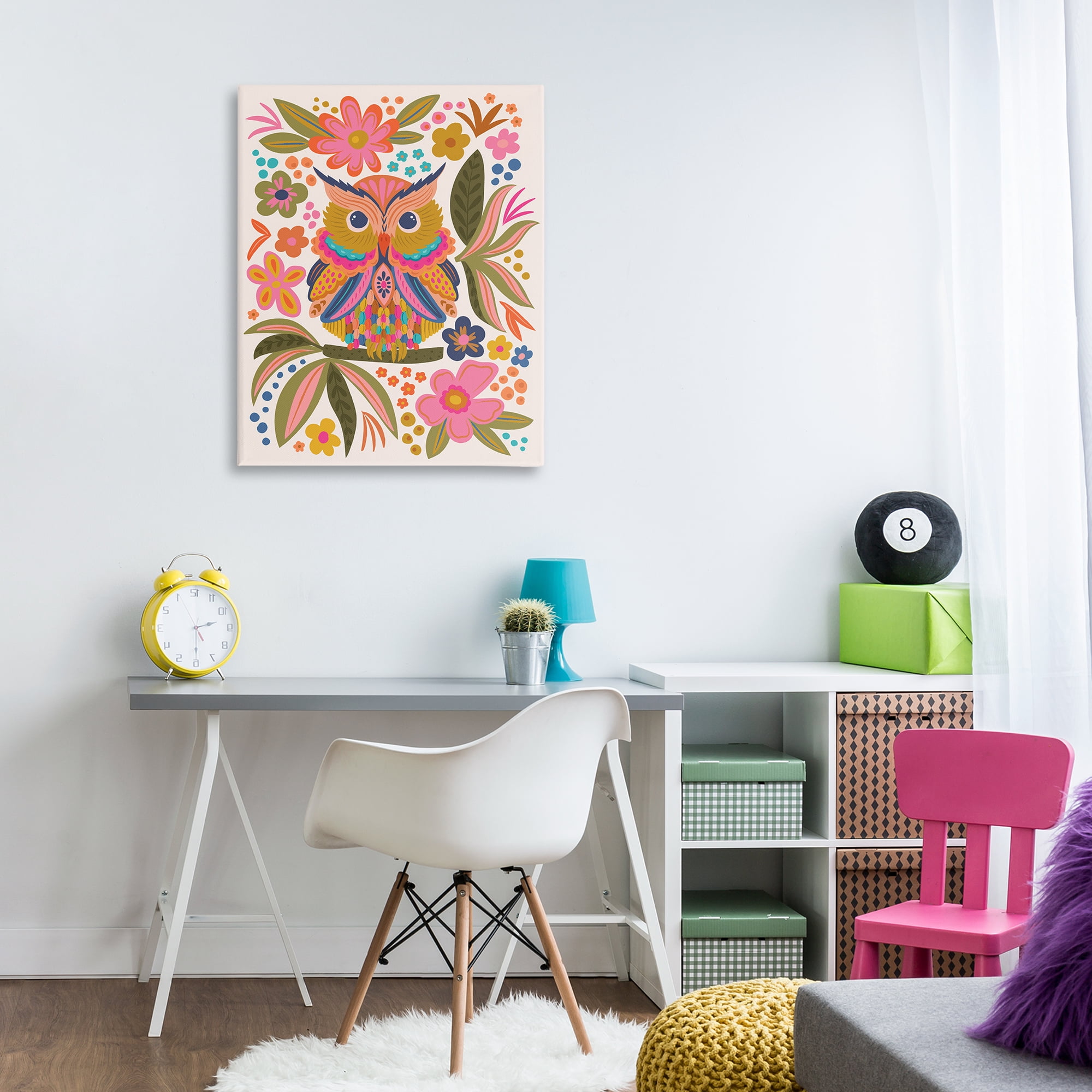 Stupell Industries Eclectic Owl & Flowers Animals Painting Wrapped Canvas Art Print Wall Art, 30 x 40