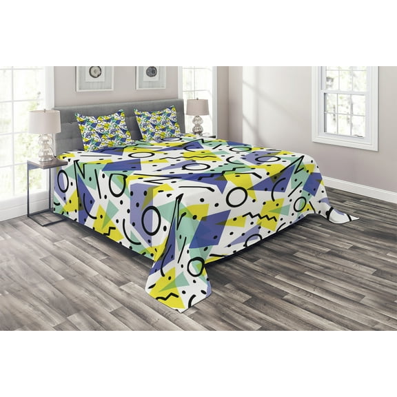 Ambesonne Modern Quilted Coverlet 3 Pcs, Geometric Retro Theme, King Size, Blue Yellow and Black