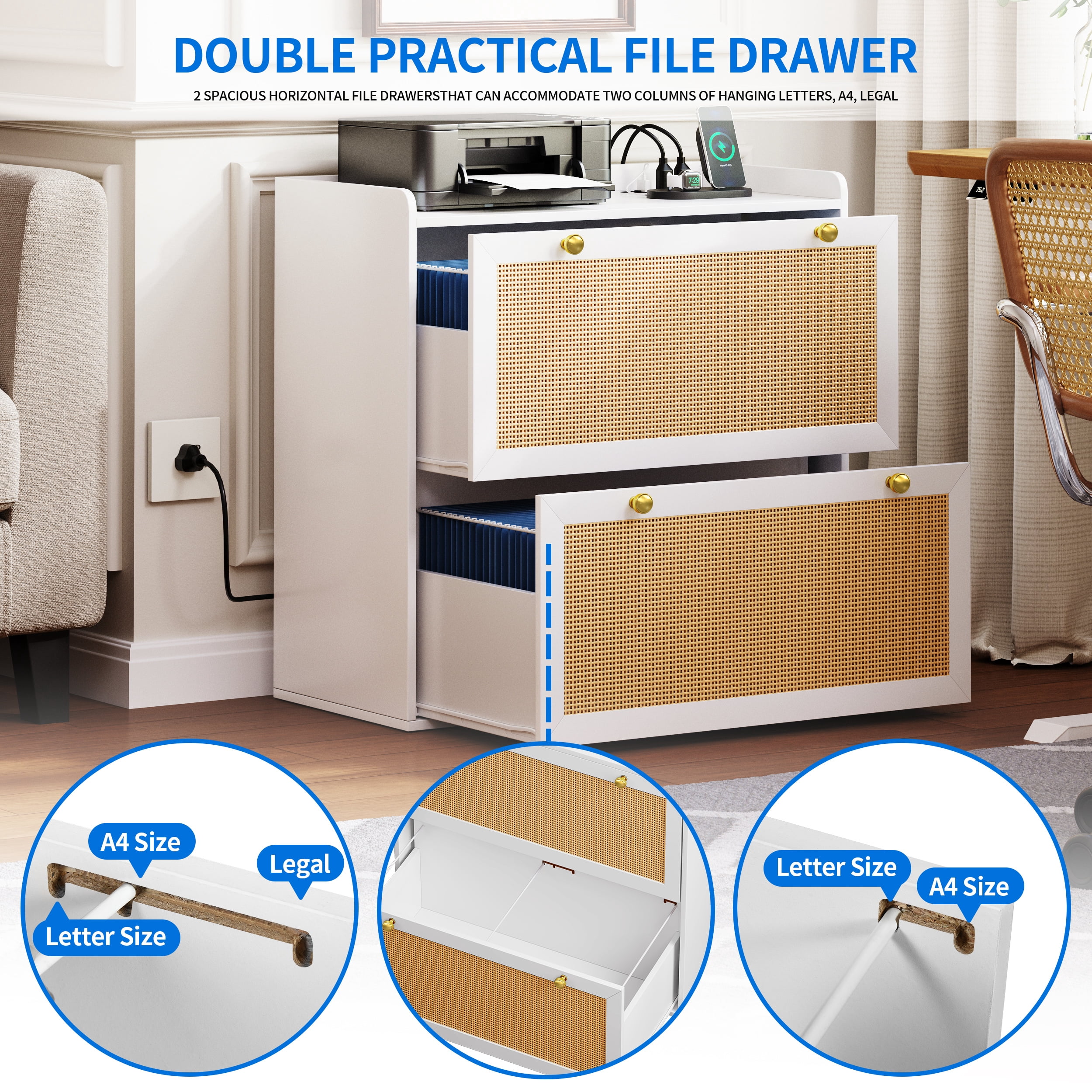 Dextrus Rattan 2 Drawer File Cabinet with Charging Station, Wood Lateral Filing Cabinet Printer Stand Fits A4 Letter Legal Size Files, White