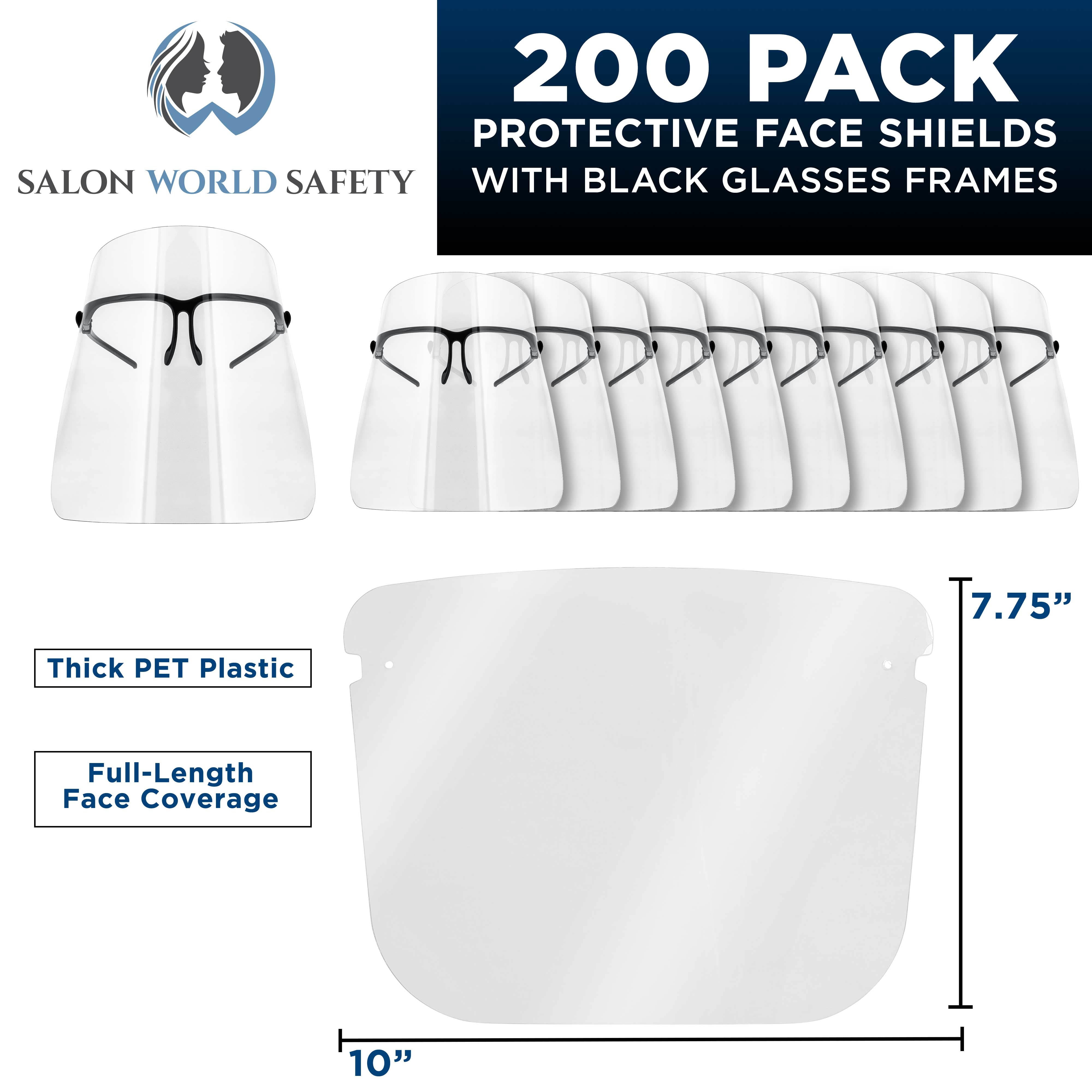 Salon World Safety Face Shields with Black Glasses Frames (20 Packs of 10) - Ultra Clear Protective Full Face Shields to Protect Eyes, Nose, Mouth - Anti-Fog PET Plastic, Goggles