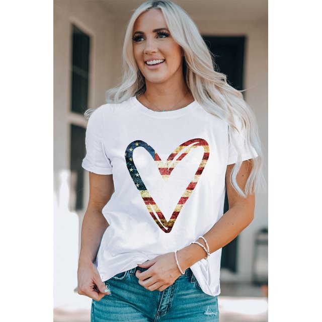 ABPHQTO Camiseta de manga corta con estampado de contorno de corazón de bandera americana blanca para mujer