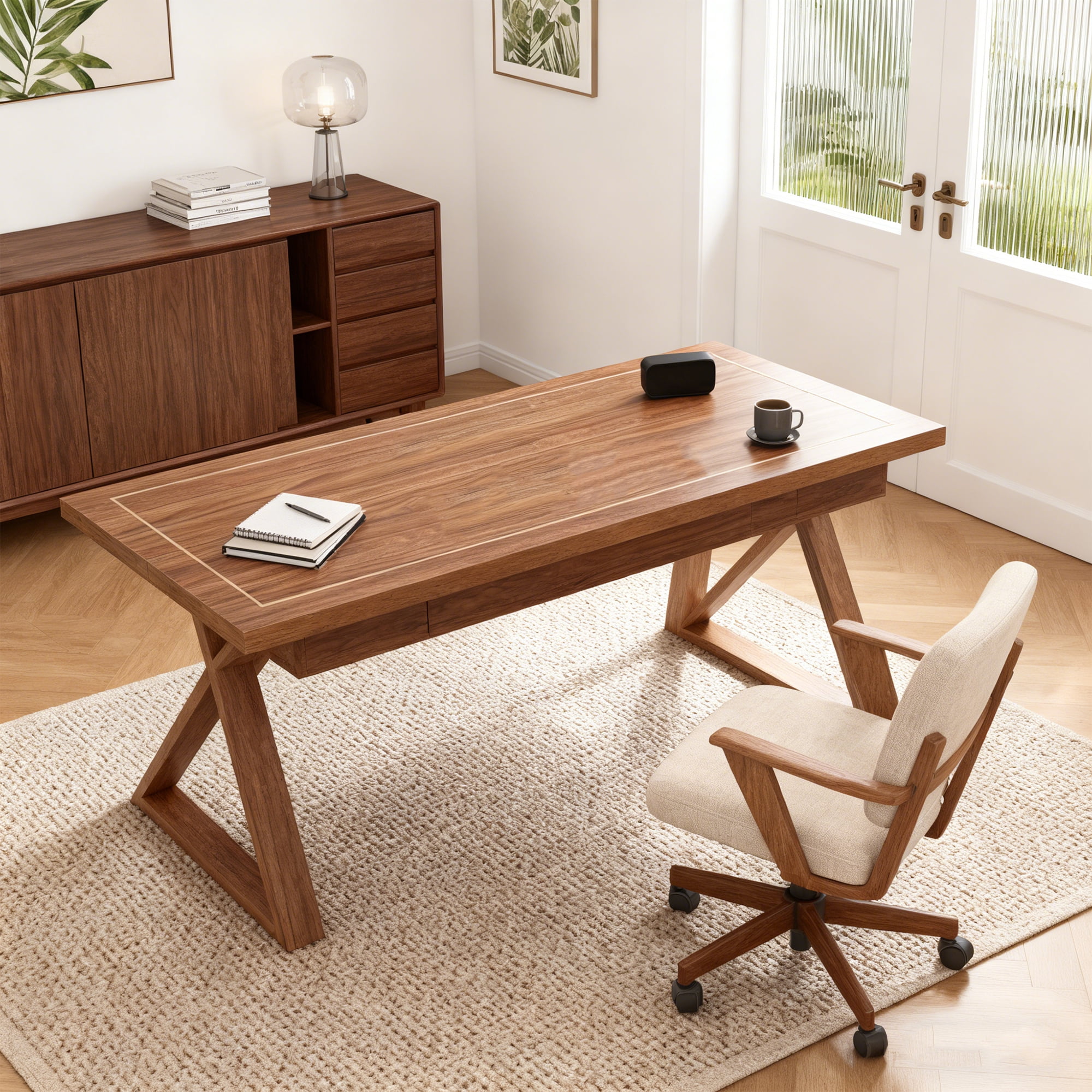 KIOOTTO 55" Executive Desk with Solid Wood Legs and 1 Drawer, Mid-Century Computer Desk, Walnut Brown