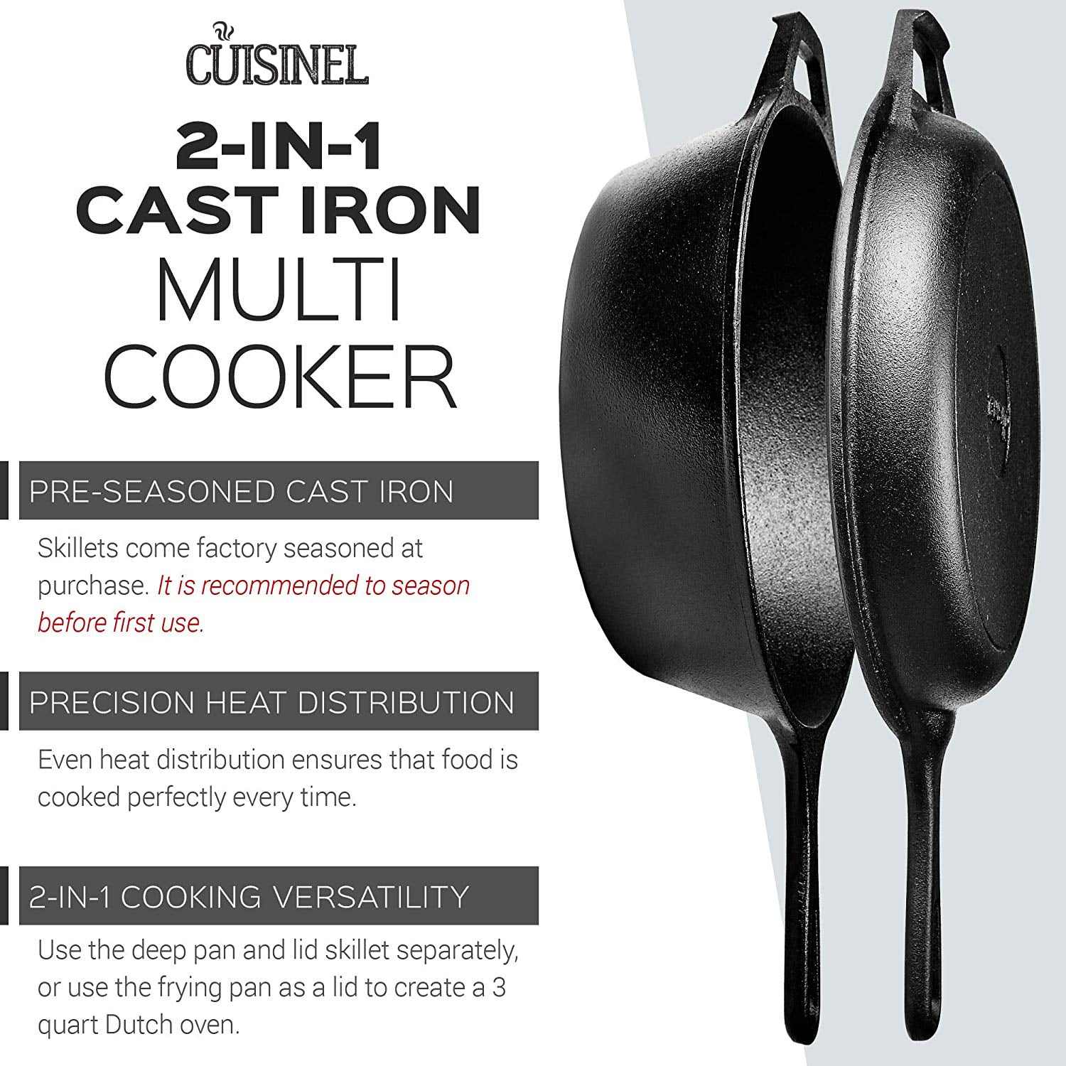  Cuisinel Cast Iron Skillet + Lid - 2-In-1 Multi Cooker - Deep  Pot + Frying Pan - 3-Qt Dutch Oven - Pre-Seasoned Oven Safe Cookware -  Indoor/Outdoor - Grill, Stovetop, Induction