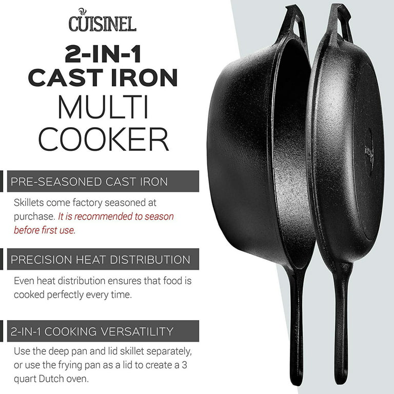 Cuisinel Cast Iron Dutch Oven 7-Quart - Pre-Seasoned 2-in-1 Deep Pot  Multi-Cooker - Combo Lid Doubles as 12-inch Skillet Frying Pan + Silicone  Handle