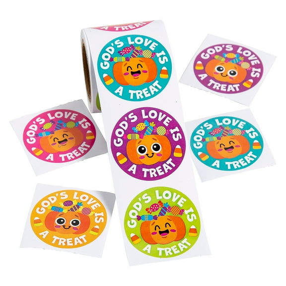Fun Express 1 1/2" Religious Halloween God’s Love is a Treat Pumpkin Sticker Roll - 100 Pieces