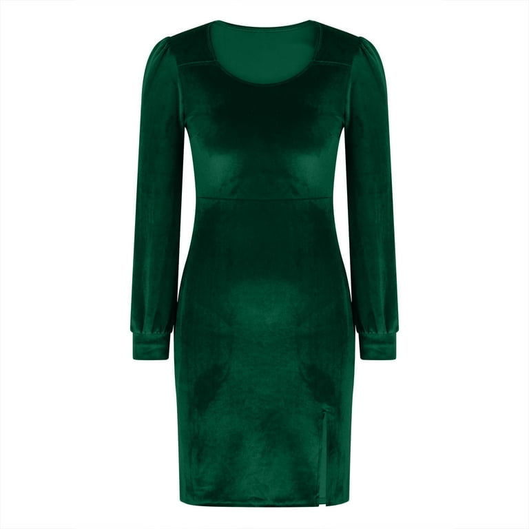 Efsteb Velvet Dress for Women Formal Puff Long Sleeve Bodycon Elegant Mini  Ruched Cocktail Party Formal Prom Dress (Green,L)