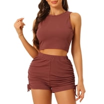 Unique Bargains Women's Stretchy Ribbed Tank Crop Top Ruched 2 Piece Outfits Shorts Set XS Brick Red