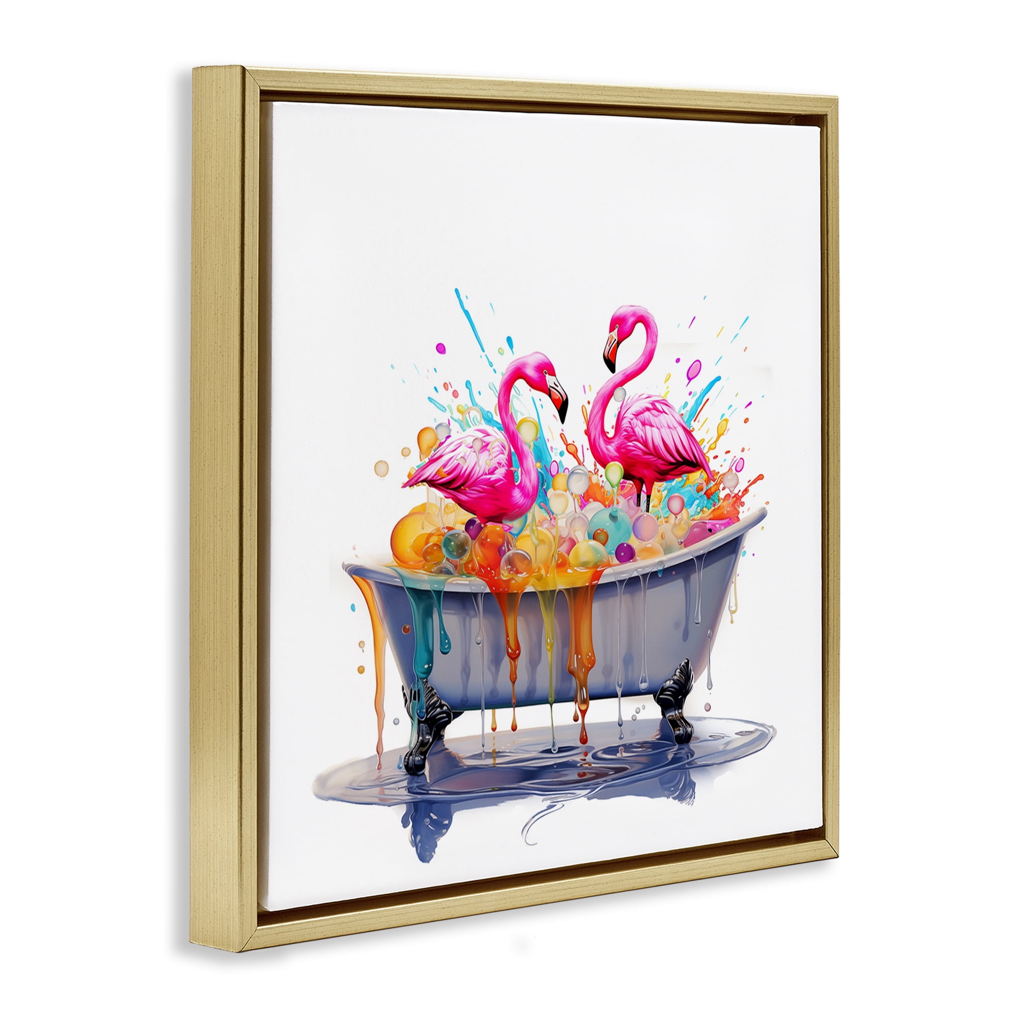 Stupell Industries Flamingo Bubble Bath Typography Painting Gold Floater Framed Canvas Art Print Wall Art, 18 x 18