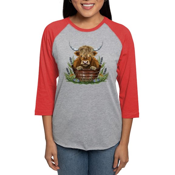 CafePress - Highland Cow Sitting In A Metal Women's Baseball T Shirt - Womens Baseball Tee