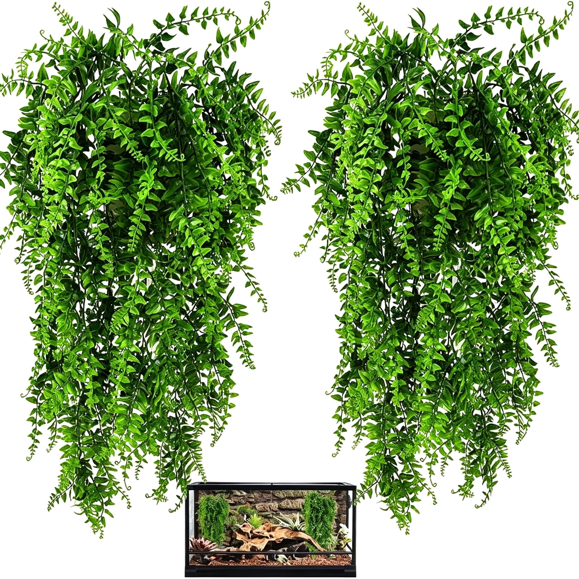 TUWAFE 2 Pack Gecko Tank Accessories, Terrarium Hanging Plants Vines Artificial Leaves Habitat Decorations with Suction Cup for Bearded Dragon Hermit Crab Lizard Snake Geckos Chameleon