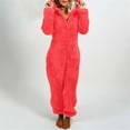 thumbnail image 2 of Rotm Onesie Women Women's Bear Ear Hooded Jumpsuit Plush Fleece Romper Pajamas Winter Warm Zip Up Onesie Sleepwear Fuzzy Sherpa Loungeweart Watermelon Red,5XL, 2 of 5