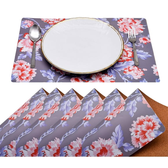 Decozen Cork Placemats - Set of 12 - Scratch, Heat Stain Resistant - Anti-Skid Kitchen Decor - Wipeable Indoor/Outdoor Placemat - Dining & Coffee Table - Cork Backed Place Mats - Gray Floral