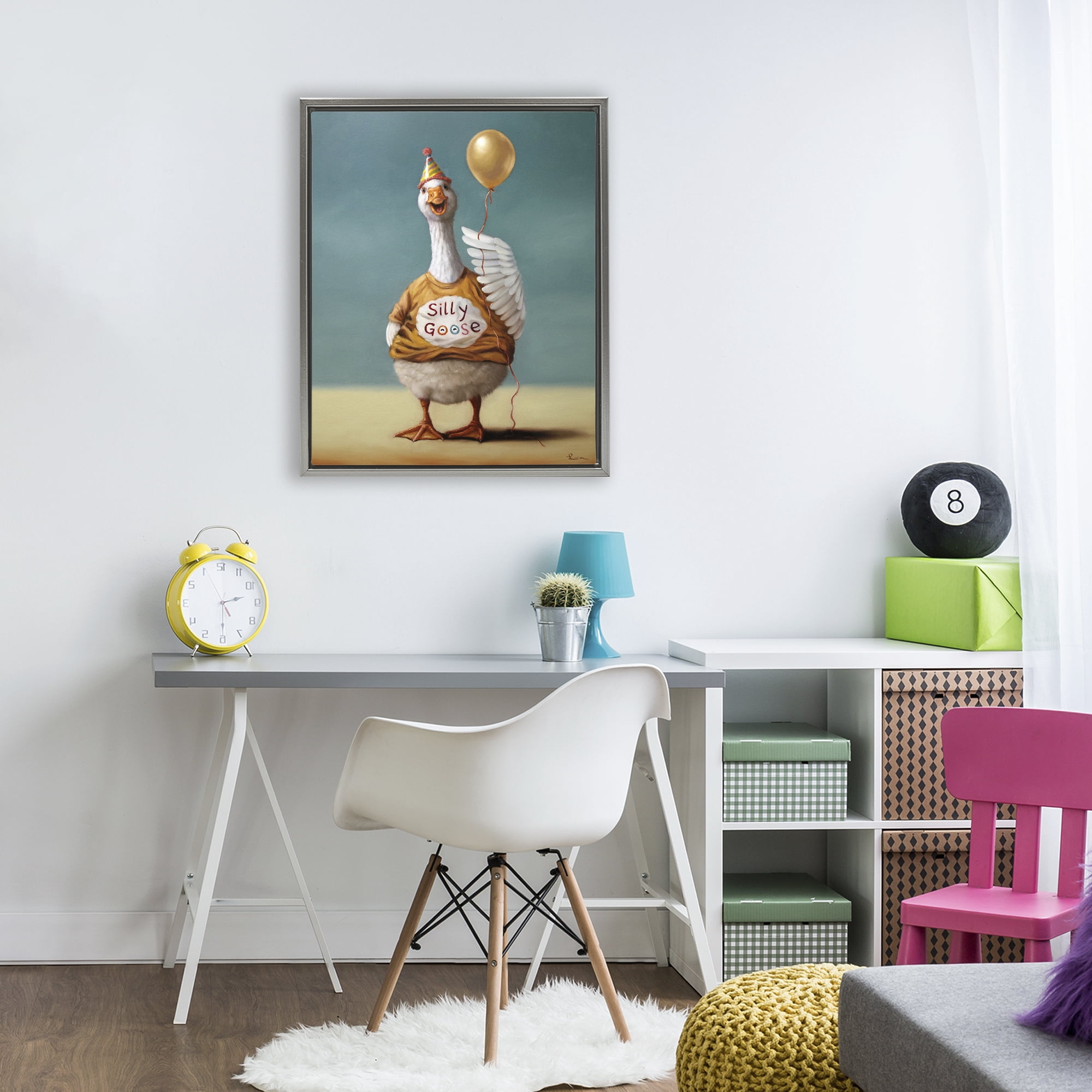 Stupell Industries Silly Goose with Balloon Gray Framed Floater Canvas Wall Art, design by Lucia Heffernan